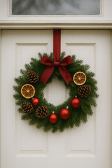 Christmas Wreath with Red Bow and Dried Oranges on White Door