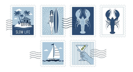 Vintage-Inspired Summer Themed Postage Stamps Illustration Set With Tropical Elements