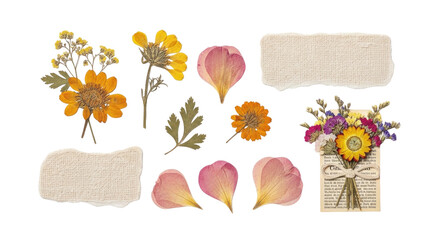 Arrangement of dried flowers and paper cutouts transparent background cutout png