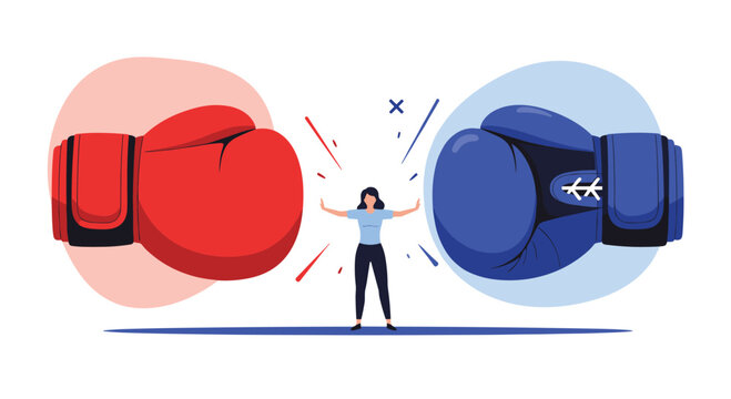 A person stands between two large boxing gloves representing a conflict or opposition.