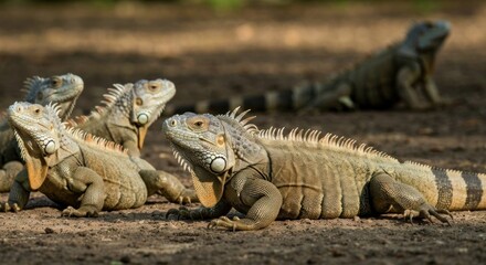 Fototapeta premium Close-up of several large iguanas on the ground, some focused, others blurred in the background