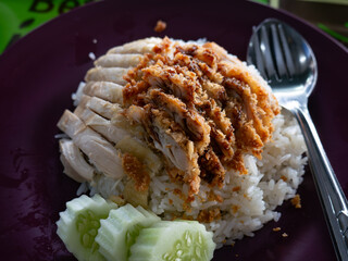 Mixed Khao Man Gai - Combination of Boiled and Fried Chicken over Jasmine Rice with Cucumber