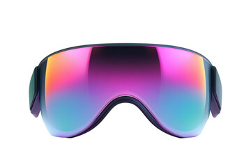 Futuristic shield sunglasses with iridescent lenses isolated on transparent background. Virtual reality glasses isolated on white background.