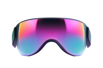 Futuristic shield sunglasses with iridescent lenses isolated on transparent background. Virtual reality glasses isolated on white background.
