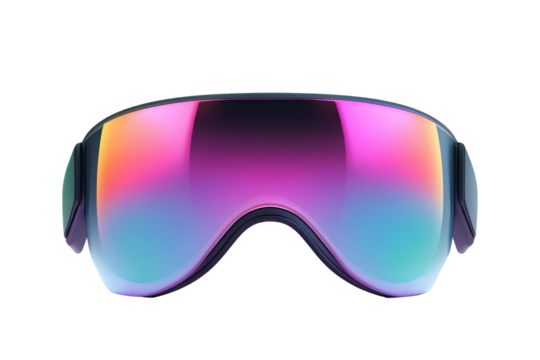 Futuristic shield sunglasses with iridescent lenses isolated on transparent background. Virtual reality glasses isolated on white background.
