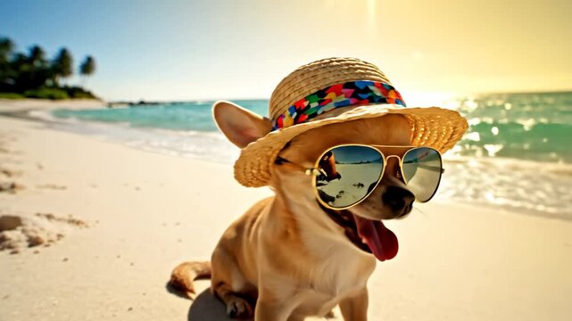 Chihuahua dog enjoying summer vacation - A happy chihuahua wearing a straw hat and sunglasses happily poses on a sandy beach. The dog is enjoying its summer vacation by the ocean with bright sunshine.