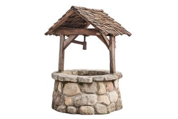 Rustic stone water well with wooden roof isolated on transparent background. Water well isolated on white background.
