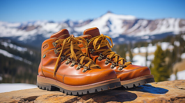 Hiking boots with snowy mountains