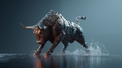 Futuristic metallic bull charging forward with splashing water