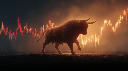 Fiery bull made of sparks representing strong financial trend