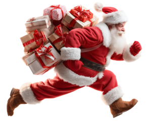Santa Claus running with gifts