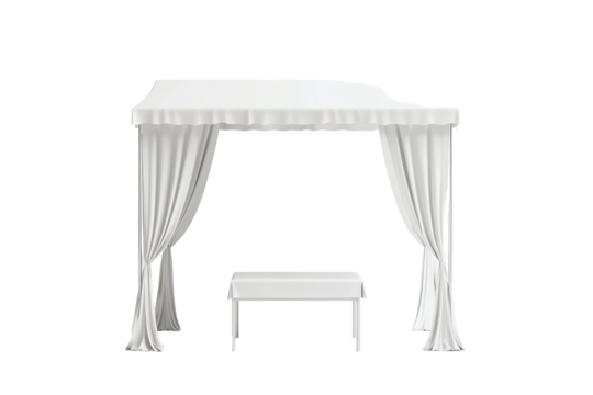 White market stall with scalloped awning and table isolated on transparent background. White showcase display tent with table isolated on white background.