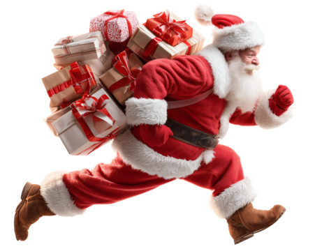 Santa Claus running with gifts