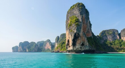 Fototapeta premium Coastal scene depicts towering, rocky cliffs rising from turquoise waters under a clear blue sky