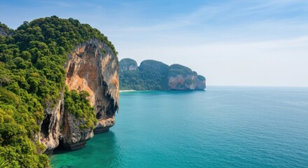 Naklejka premium Coastal panorama showcasing a cliff face with lush greenery overlooking a calm ocean and blue sky
