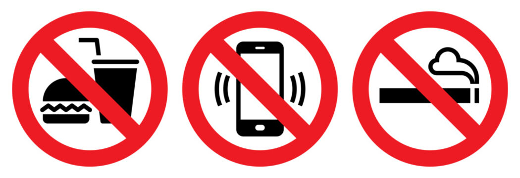 No eating and drinks allowed, No cell phone zone, No smoking symbols, stop, ban or prohibited icon set for public safety notices.