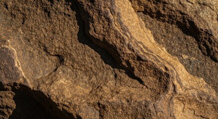 Naklejka premium Close-up texture of weathered, layered rock in shades of brown, showcasing geological detail