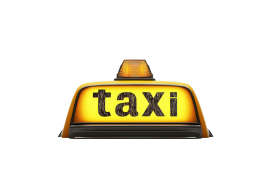 Yellow taxi sign on car roof isolated on transparent background. New york city style "taxi" sign for cab isolated on white background.