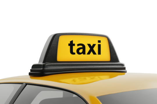 Yellow taxi sign on car roof isolated on transparent background. New york city style "taxi" sign for cab isolated on white background.