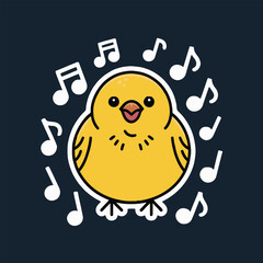 A cute yellow bird surrounded by white musical notes on a dark blue background illustration