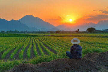 Farmer watching a vibrant sunset over a neatly tilled field and distant mountains.