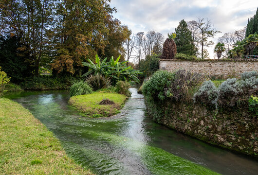 Veduta dei fiumi di risorgiva presso il giardino dei castelli di Strassoldo in autunno 