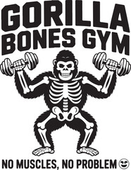 Fototapeta premium Gorilla Bones Gym ape lifting dumbbells comic style t shirt design fitness workout