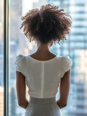Woman with voluminous curly hair gazes out a window at a city skyline.