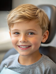 Young boy with bright eyes and a wide smile sitting in a dental chair.