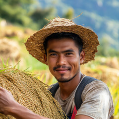 Young farmer in straw hat smiles holding harvested rice stalks in a sunlit field.