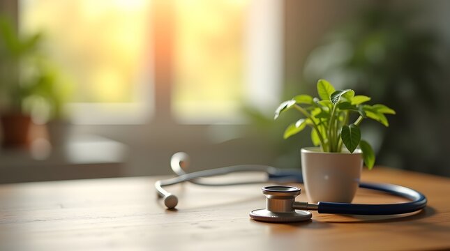 Warm symbolic image of a stethoscope forming a heart shape on a wooden table with candles and plants, representing compassion, heart health, and holistic medical care.