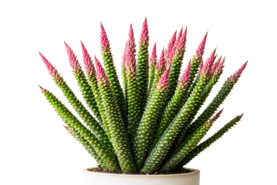Green succulent plant with pink tips isolated on transparent background. Distinctive houseplant with elongated tail-like stems covered in tiny spines isolated on white background.
