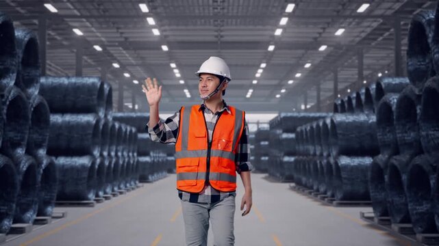 Front View of Asian Male Engineer Waving Hand Saying Bye While Walking in Warehouse of Steel Wire Rod