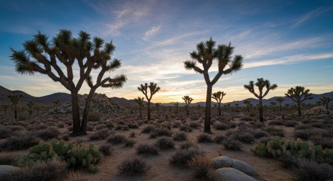 Desert landscape with Joshua trees silhouetted against a colorful sunset sky