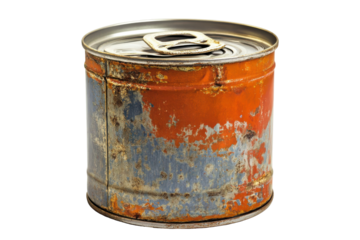 Old rusty metal food can isolated on transparent background. Aluminum rusty metal food can isolated on white background.