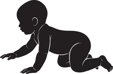 Crawling baby silhouette, infant movement pose, black child icon, early development vector, baby milestone illustration, toddler crawling graphic, childhood growth symbol