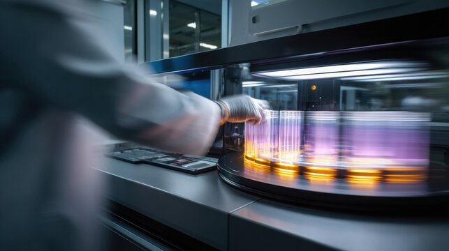 Lab technician operates centrifuge with colorful samples in modern laboratory setting