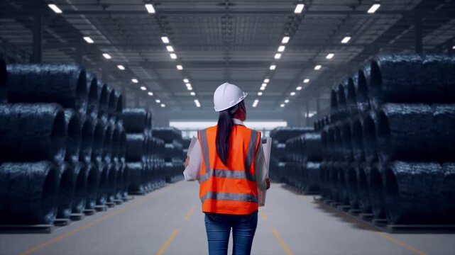 Back of Asian Female Engineer Looking At Blueprint In His Hands While Walking in Warehouse of Steel Wire Rod
