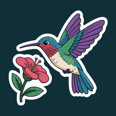 A colorful hummingbird hovers near a pink flower against a dark teal background sticker style art