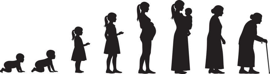 Fototapeta premium Human life cycle silhouette, baby to elderly, aging stages, growth timeline, family evolution, generational change, age progression, people development, profile view
