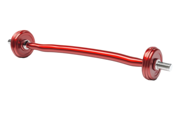 Red metal barbell weight isolated on transparent background. Bent or curved red barbell for strength training isolated on white background, 3D rendering.