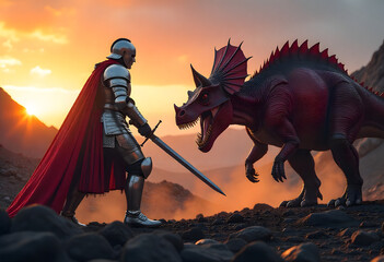 Medieval Knight Confronting a Dragon at Sunset