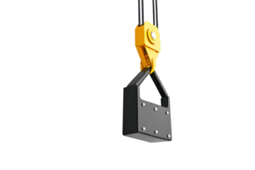 Industrial lifting magnet with hook and chain isolated on transparent background. Big black and yellow construction tower crane hook block hanging on steel ropes isolated on white background.