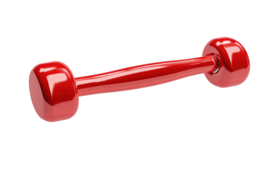 Red metal barbell weight isolated on transparent background. Bent or curved red barbell for strength training isolated on white background, 3D rendering.