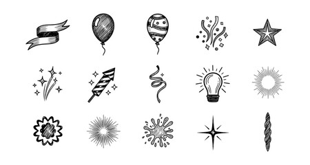 Hand drawn celebration icons: fireworks, balloons, ribbons, stars, and lightbulbs
