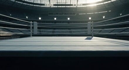 Empty boxing ring bathed in sunlight, centered in a stadium, capturing anticipation