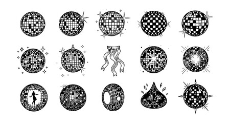 Hand drawn disco balls and sparkling elements with retro party vibes
