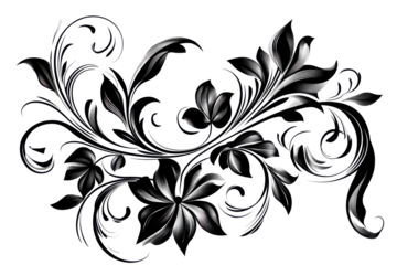 Dark botanical illustration of lush leaves and flowers isolated on transparent background.