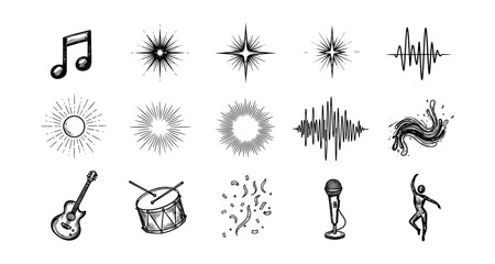 Hand-drawn musical elements and dance icons with dynamic sound waves