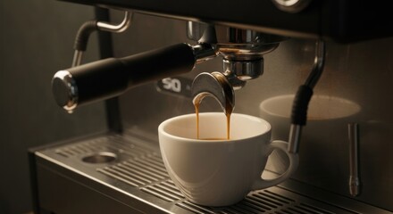 Espresso machine brewing into white mug, close-up, steam rising, warm, selective focus